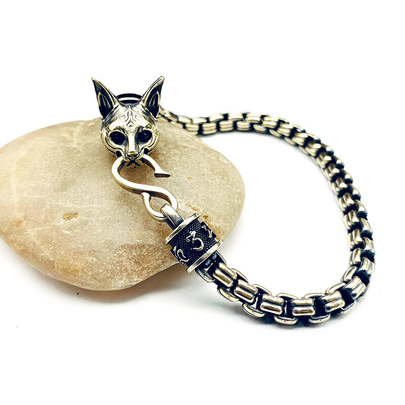 Bastet w/ Garnet Eyes Brass Ancient Egyptian Cat Deity Golden Chain Bracelet