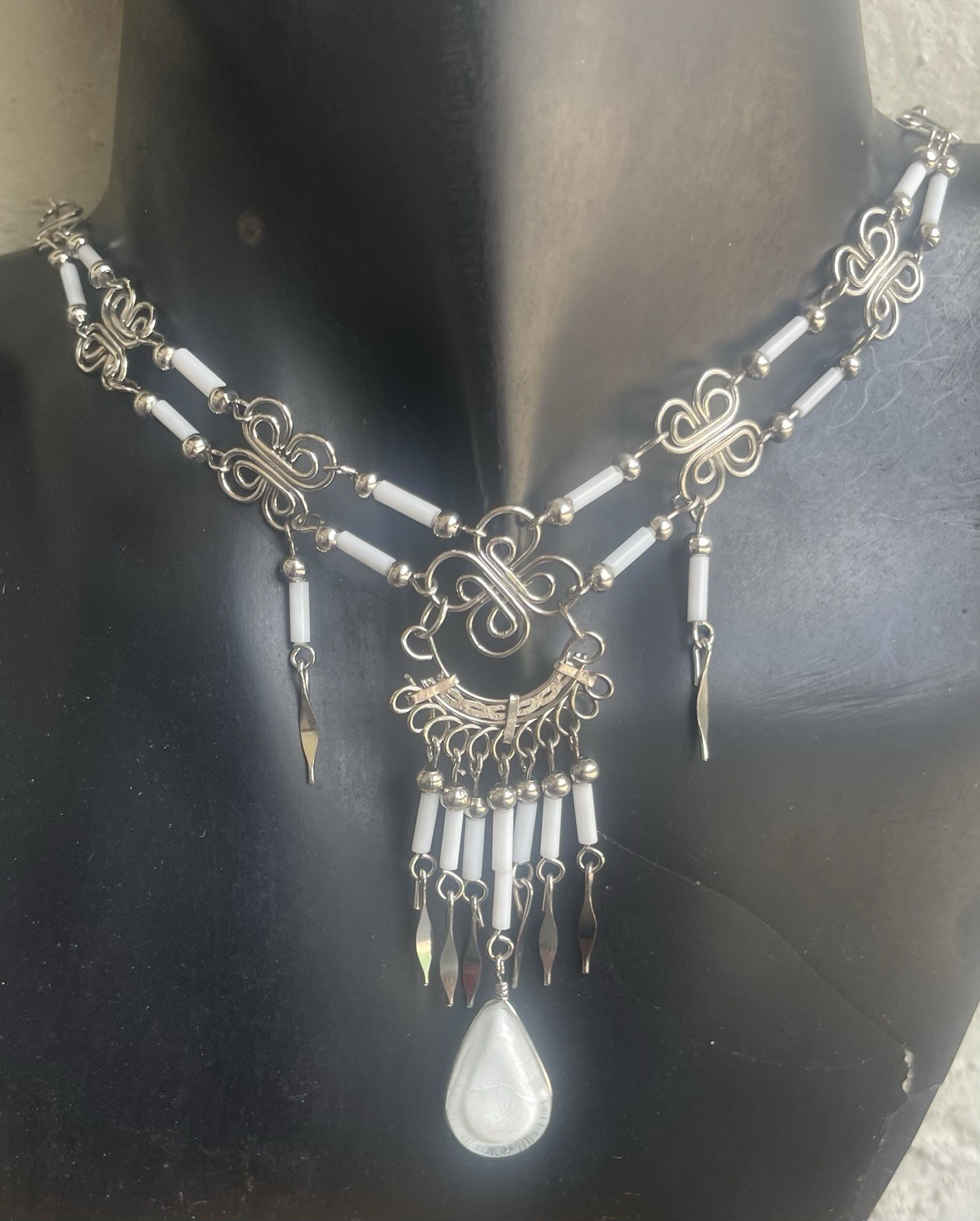 Peruvian White Glass Teardrop Necklace White Bugles Handmade Alpaca Silver Peru