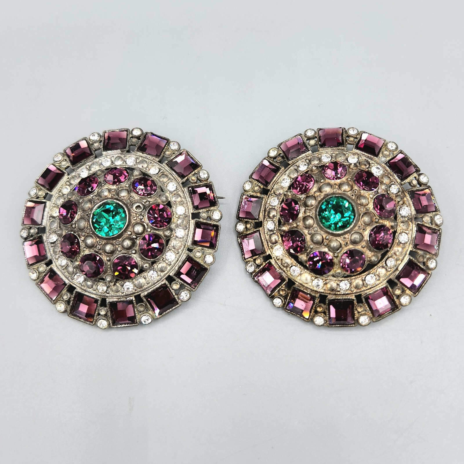 1930s Pair Purple Green Rhinestone Pot Metal Large Round Brooches Coat Pins