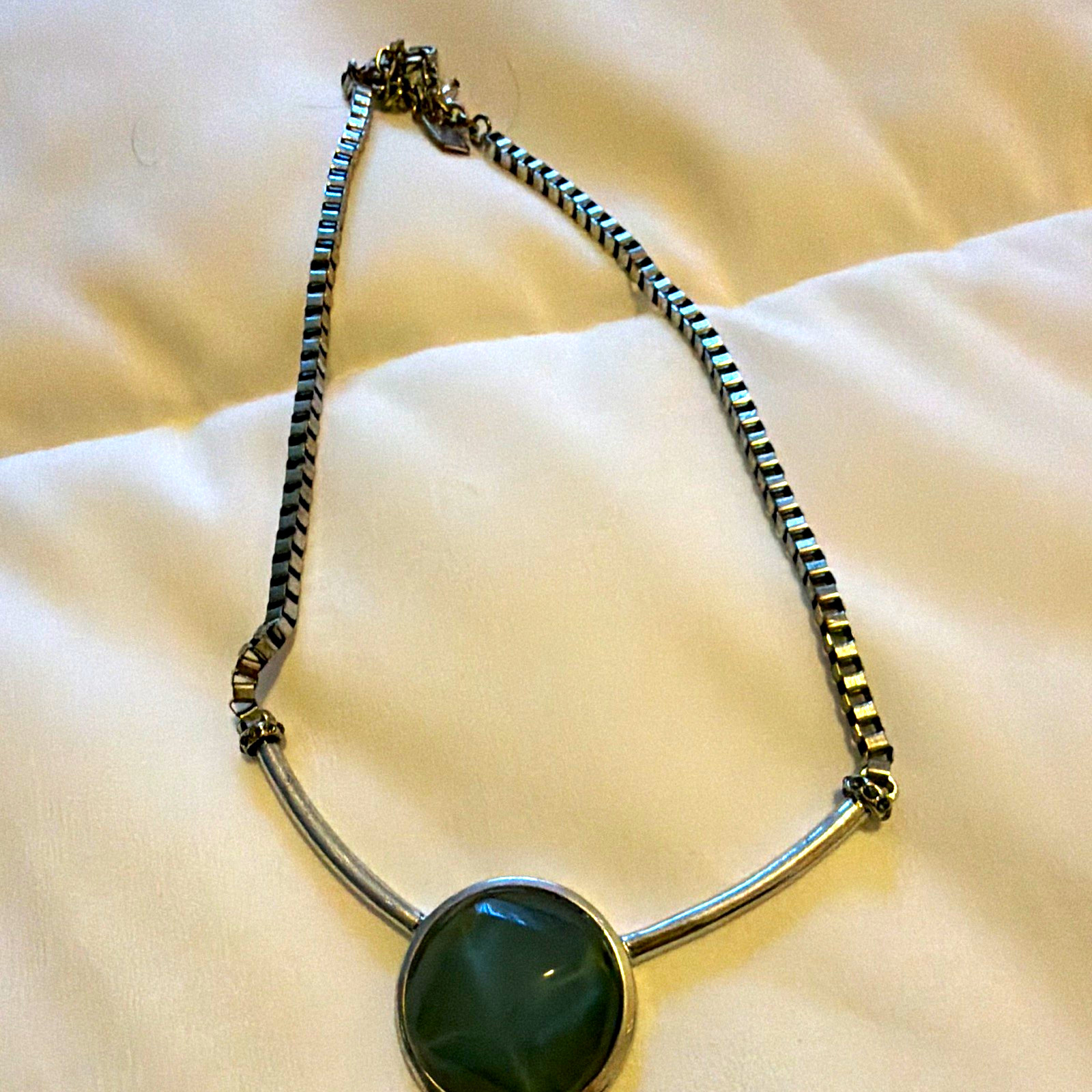 Silver Tone Box Chain Necklace, Lobster Closure, Round Green Bezel Pendant