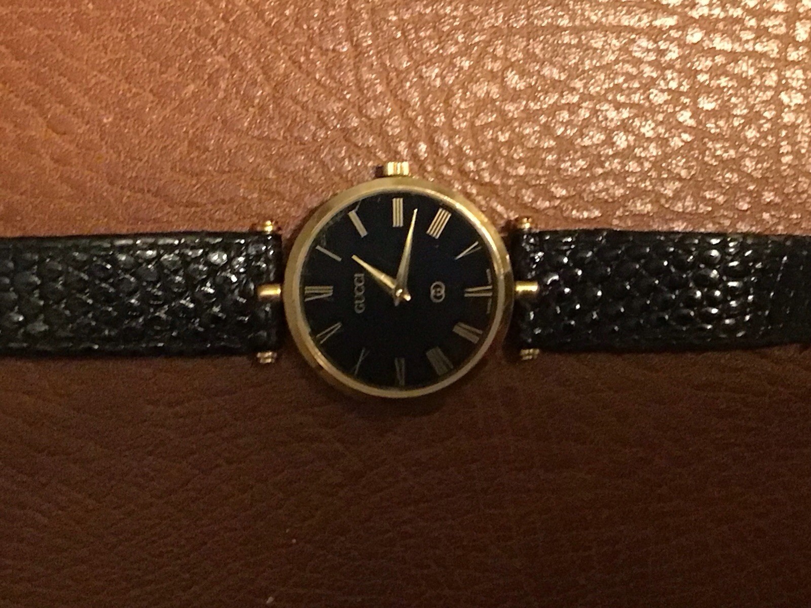 Vtg Gucci Black Enamel Stack Watch Quartz 21.5mm Ladies 18k Gold Plated Case