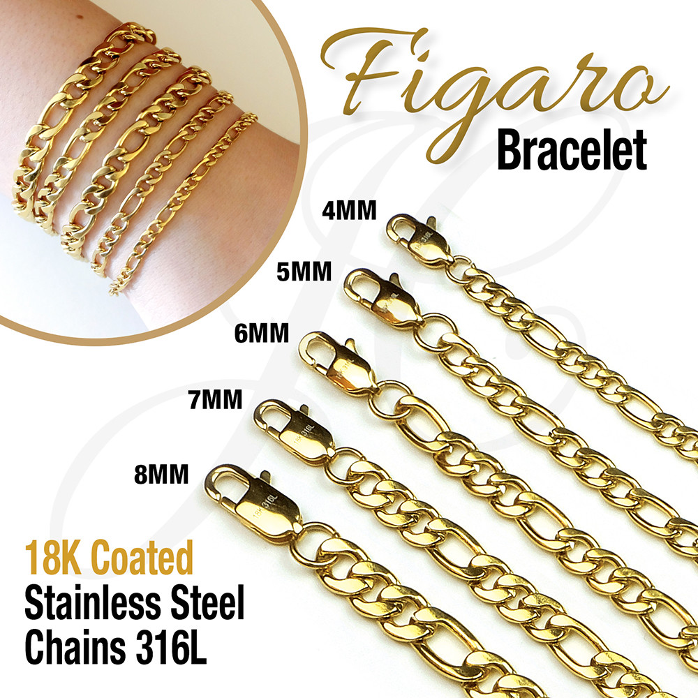 18K Gold Plated Figaro Stainless Steel 316L Bracelet Chain Men Women 6″-10.5″