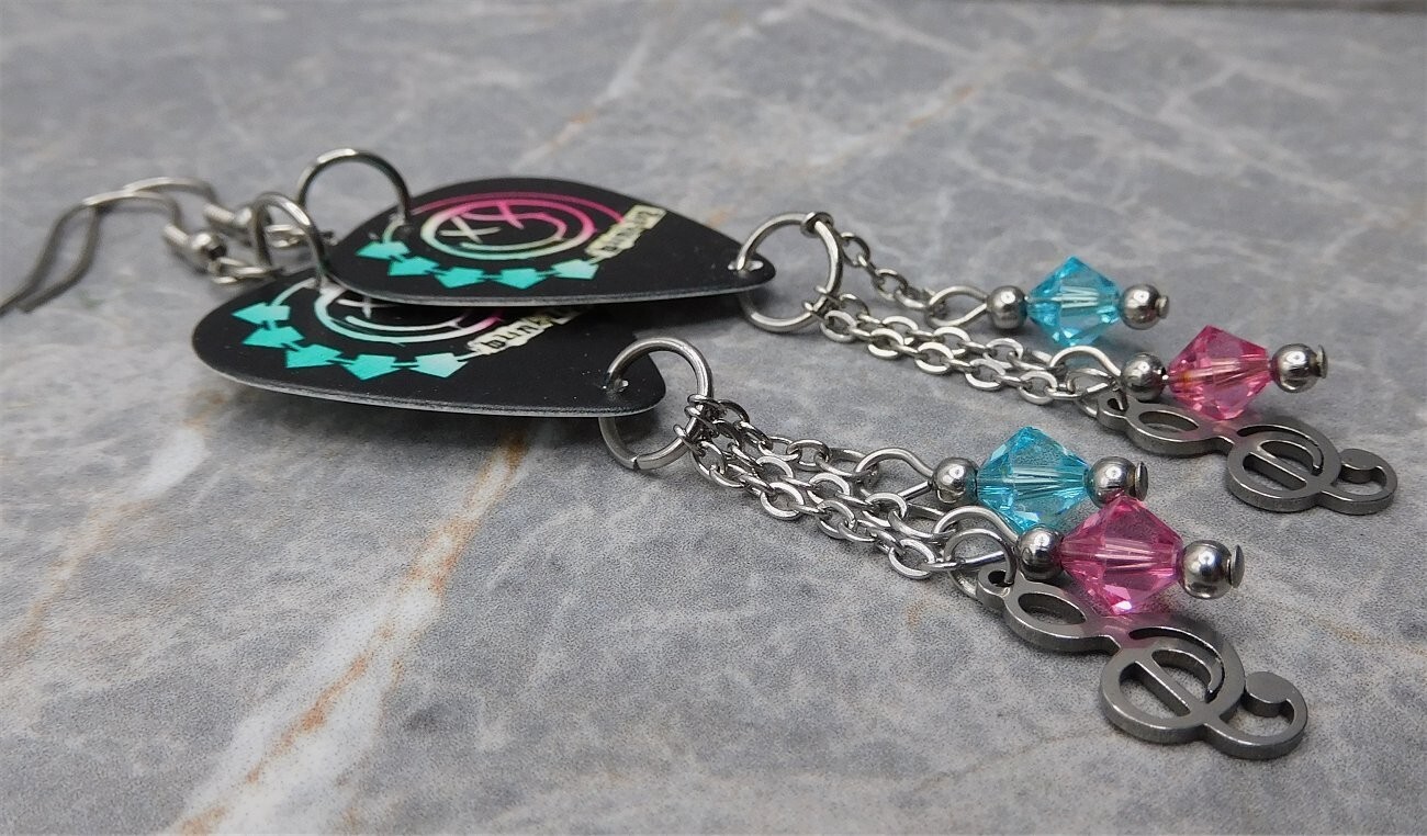 Blink 182 Self Titled Album Black Guitar Pick Earrings with Swarovski Dangles