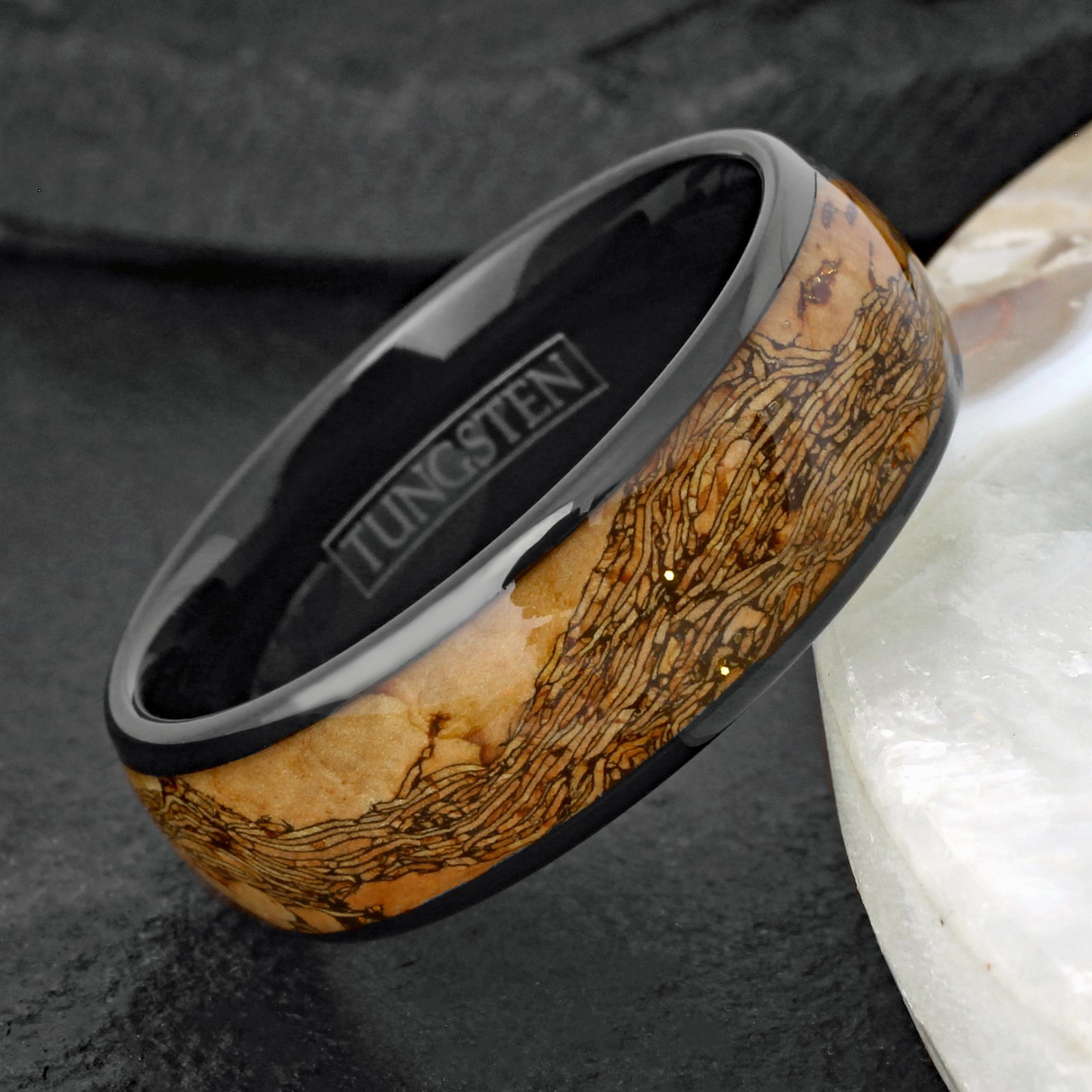 8mm Black Tungsten Carbide Wood w/ Black Grain Wedding Band Ring