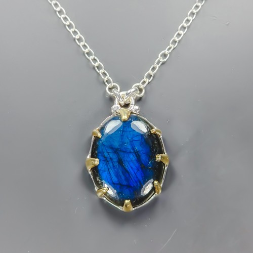 Gems jewelry 32 ct Natural Labradorite Necklace 925 Sterling Silver 18.5″/N28298