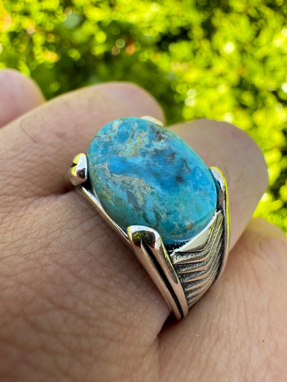 Blue Genuine Turquoise Mens Real Solid 925 Sterling Silver Signet Oval Ring