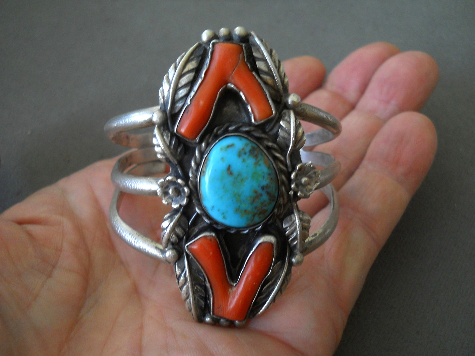Native American Navajo Rich Blue Turquoise Branch Coral Sterling Silver Bracelet