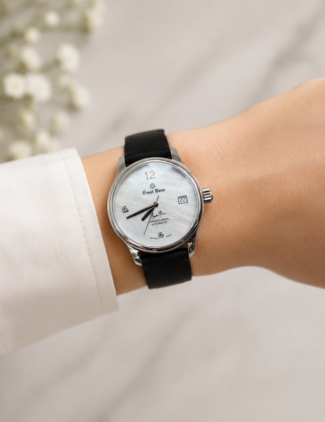Ernst Benz Custom Sophia Fiori Chrono White MOP Dial Black Silk Strap Watch