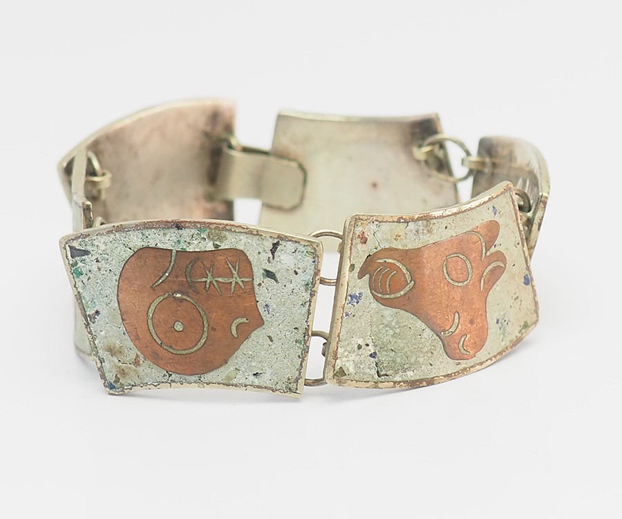 Vintage sterling silver brass inlaid gemstone modern traditional bracelet Mexico