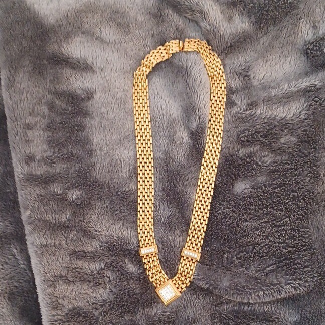 Avon Signed Gold Tone Multi-Strand Link Necklace Square Clear Rhinestone Charm