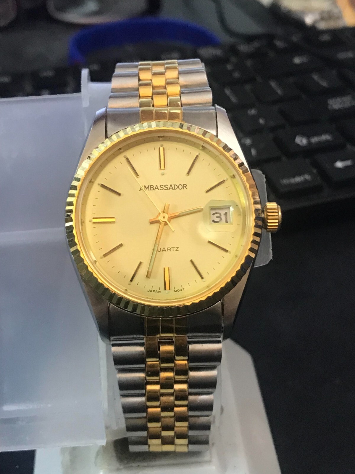 Ambassador 35mm 2 Tone Gold Dial President Date Quartz Men Watch, Run (Lot2342)