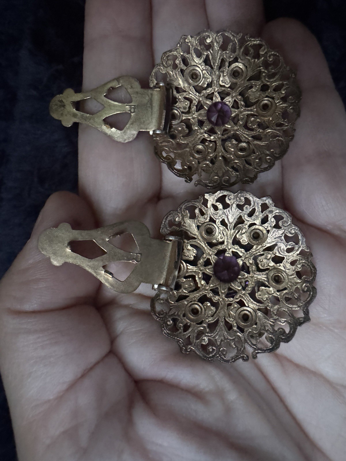 Vintage Purple and Gold Tone Clip-On Czechoslovakian Earrings 1.75 Victorian Rev
