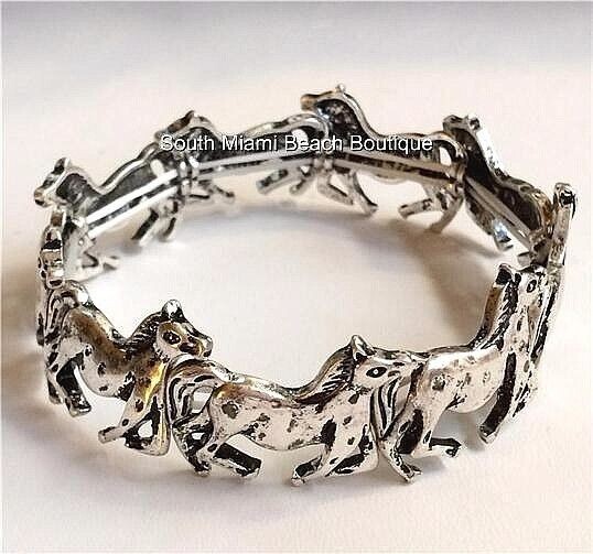 Silver Horse Charm Bracelet Country Western Cowgirl Silver Plated Stretch