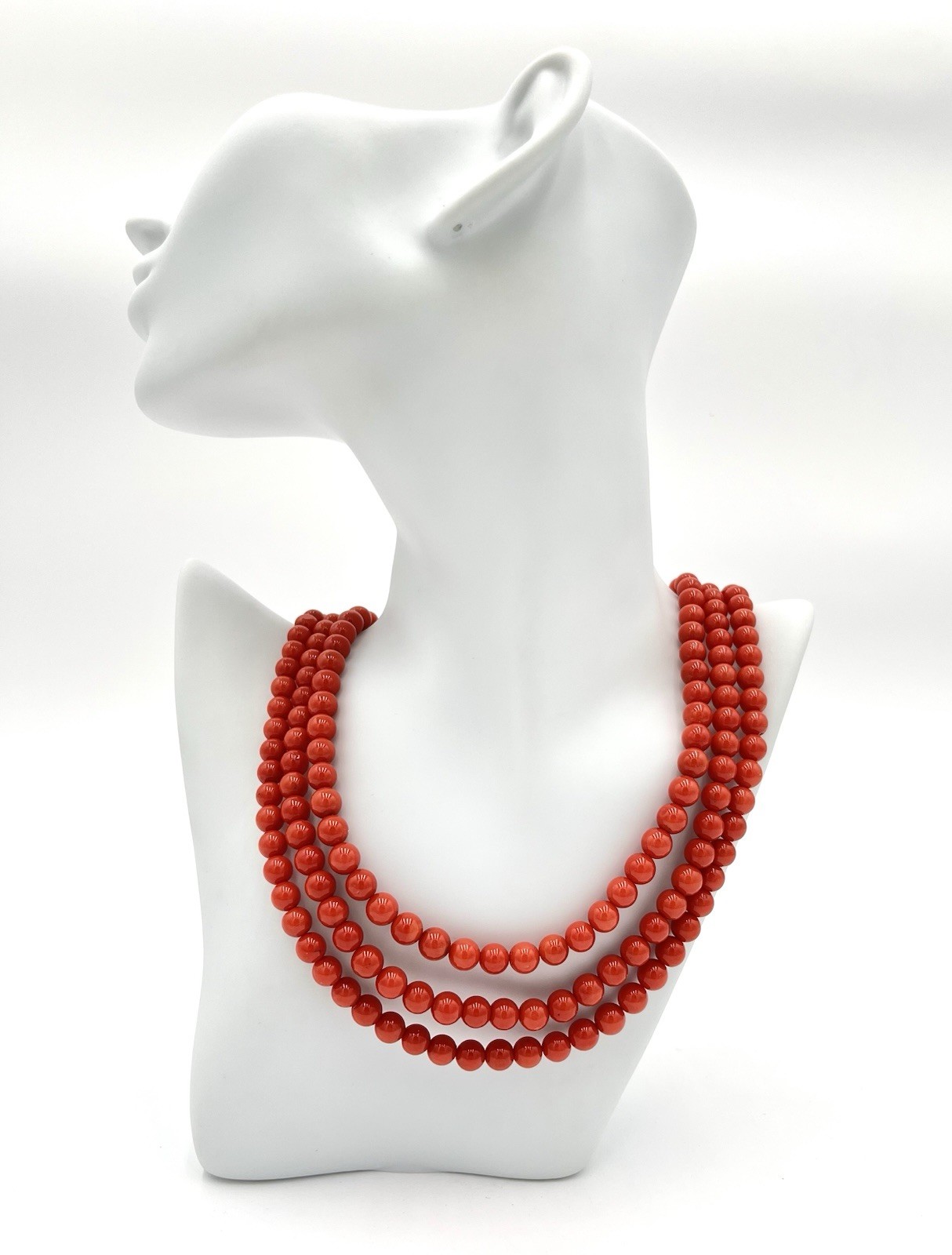 Natural Mediterranean Red Coral 3 Strand Necklace 7mm 18Kt Gold Made in Italy