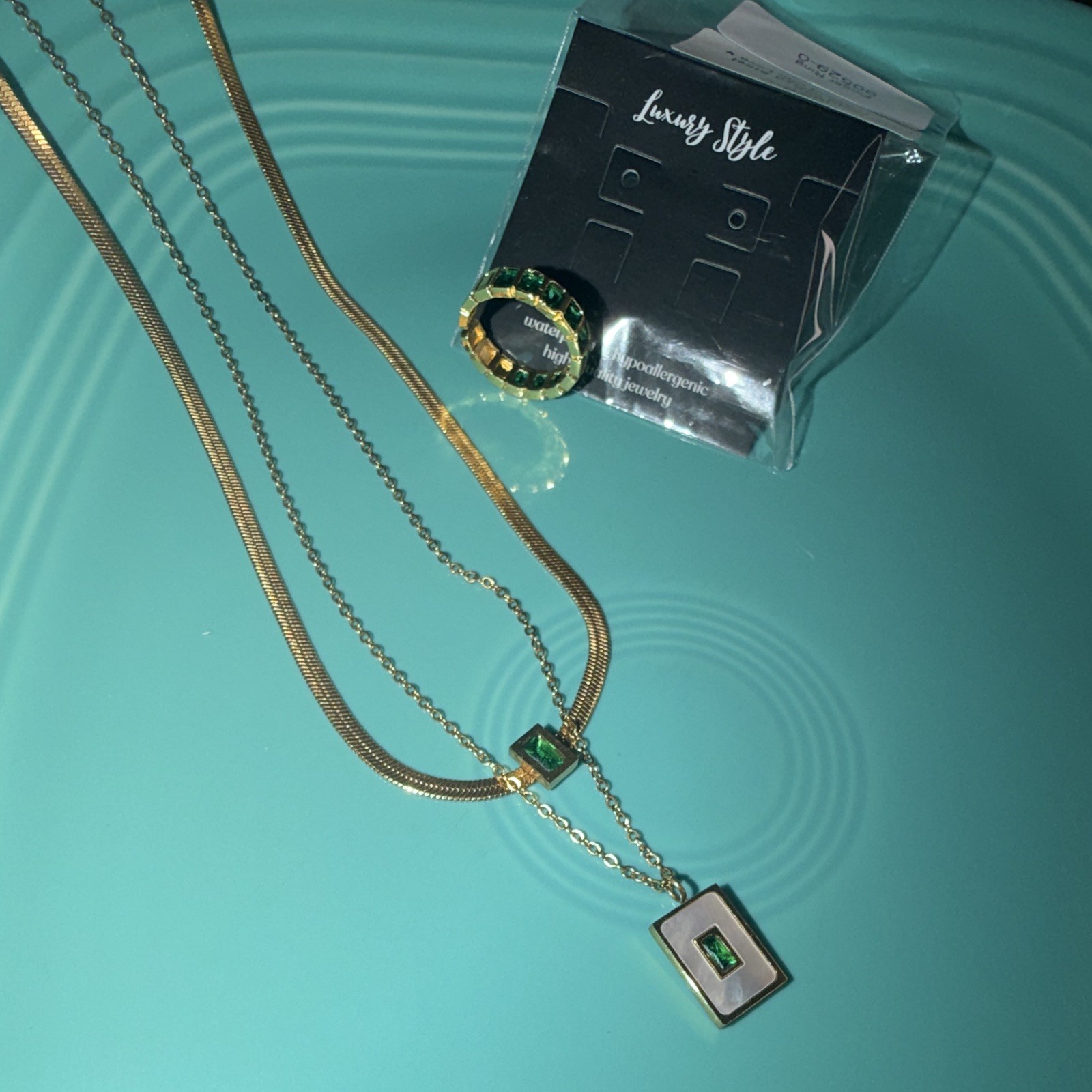 Luxury Style 18K Gold Plated Steel Necklace & Ring Set Gold/Green 90529-0