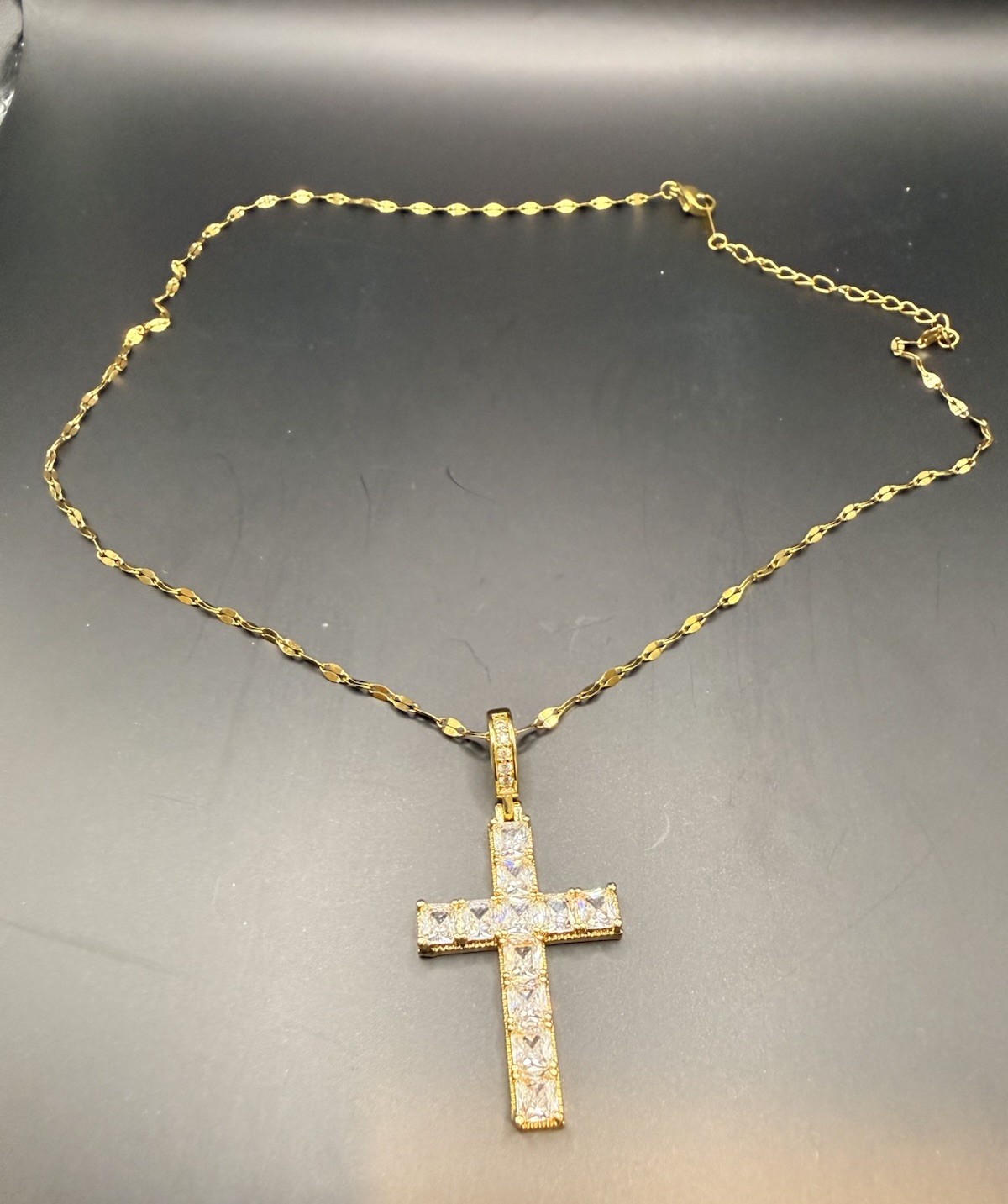 Gold Tone Rope Chain Cross Charm Pendant Necklace, Prong Set CZ, Adjustable