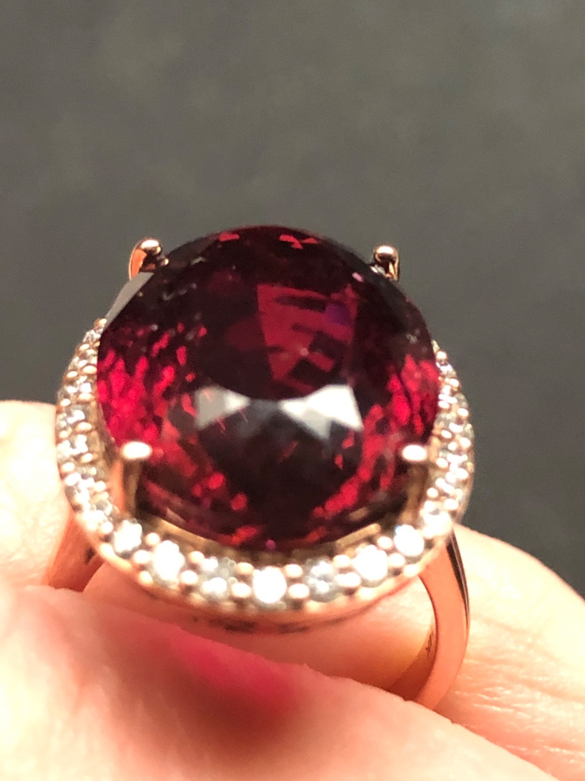 14K Pink Gold Large 21.43 ct. Rubellite Ring Diamond Halo .75 ct . T.W.11.70 grm