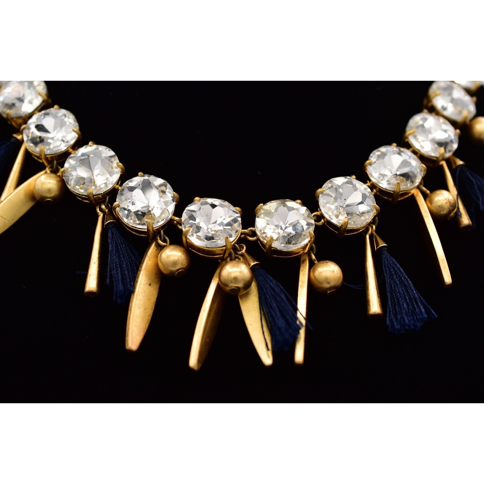 Ann Taylor Vintage Crystal Collar Necklace Dangle Navy Brushed Gold Chunky BinBL