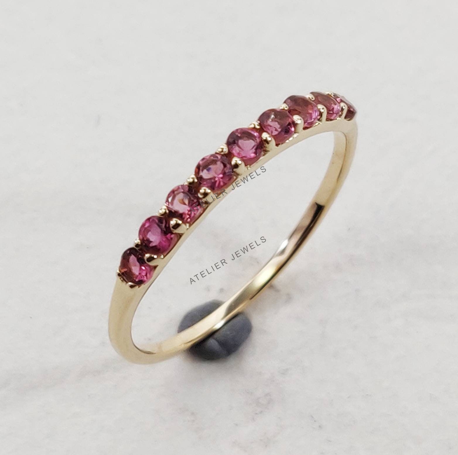 0.36 Ct Natural Pink Tourmaline Band Ring 14K Yellow Gold Minimalist Statement