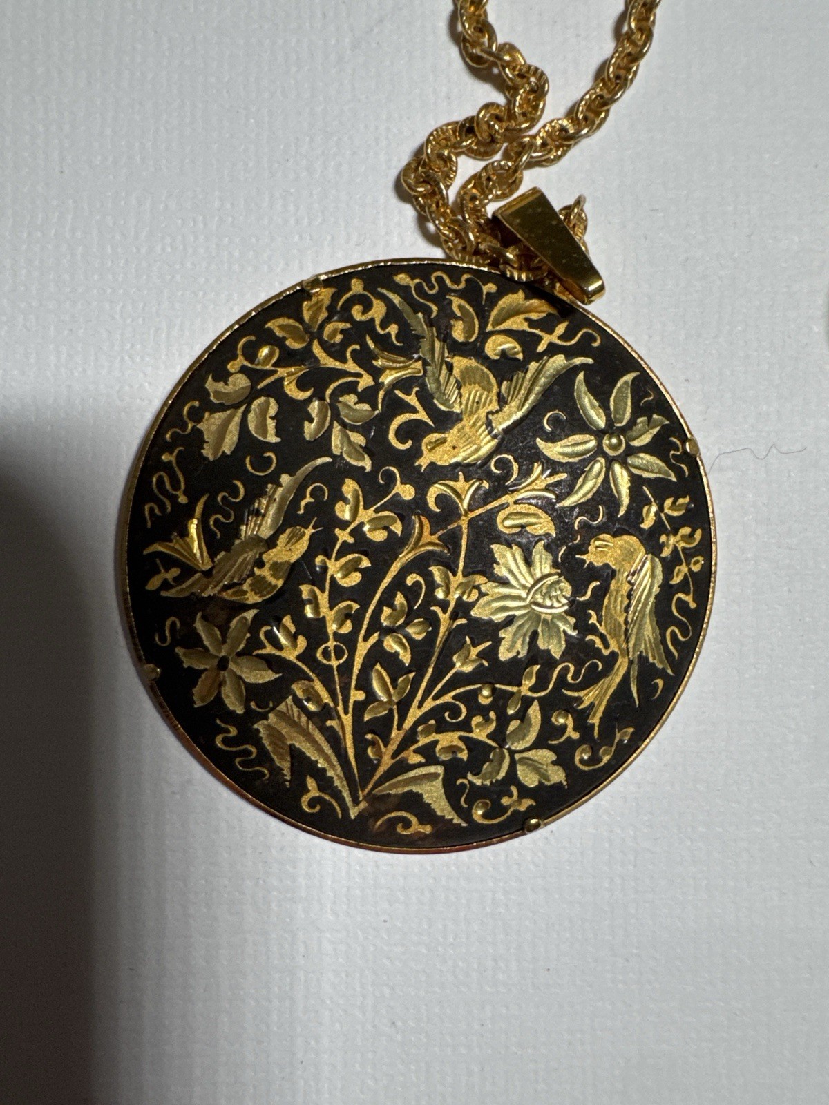Vintage Spanish Damascene Necklace & Clip-On Earrings Set Birds & Floral Design