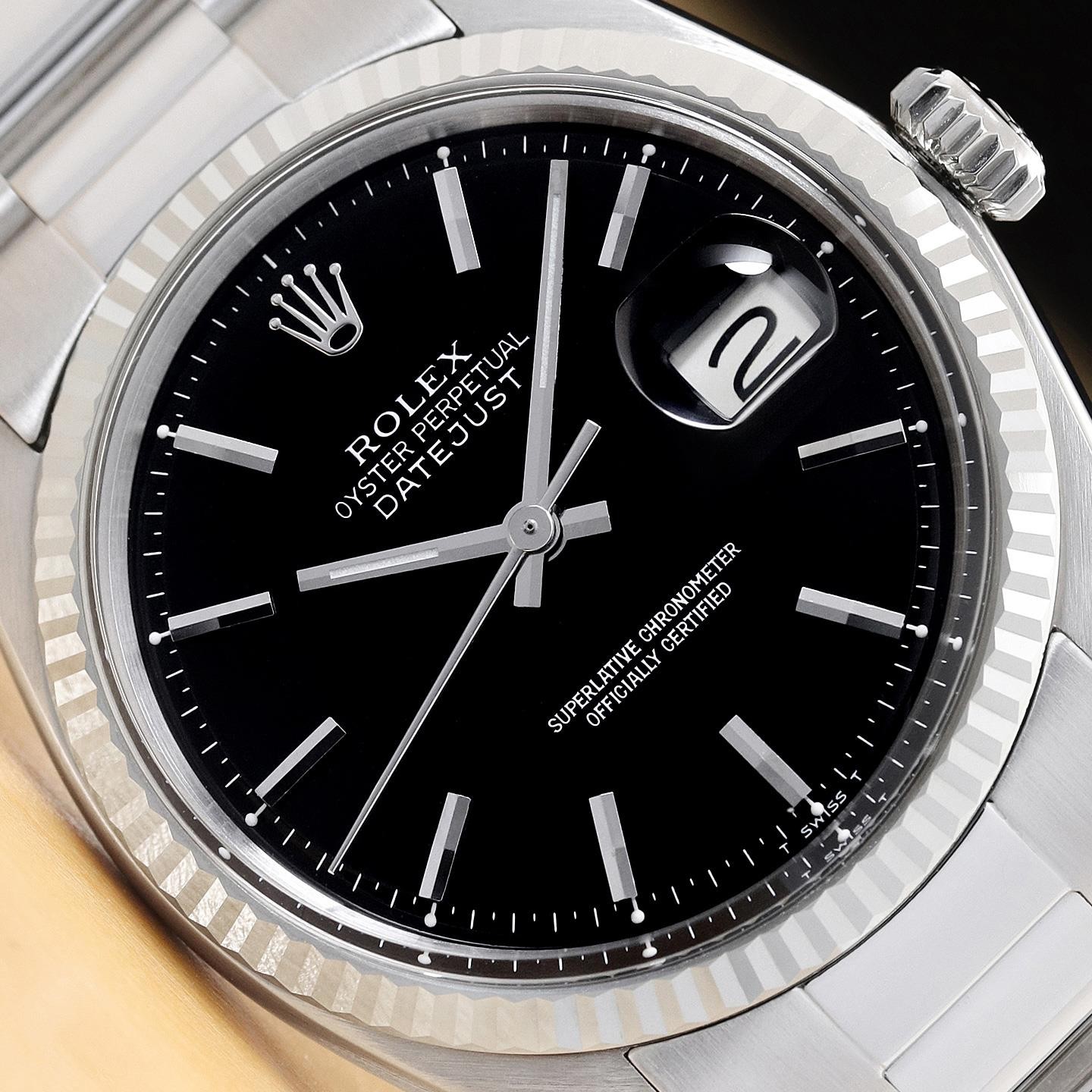ROLEX DATEJUST 1601 18K WHITE GOLD BLACK DIAL STAINLESS STEEL OYSTER WATCH