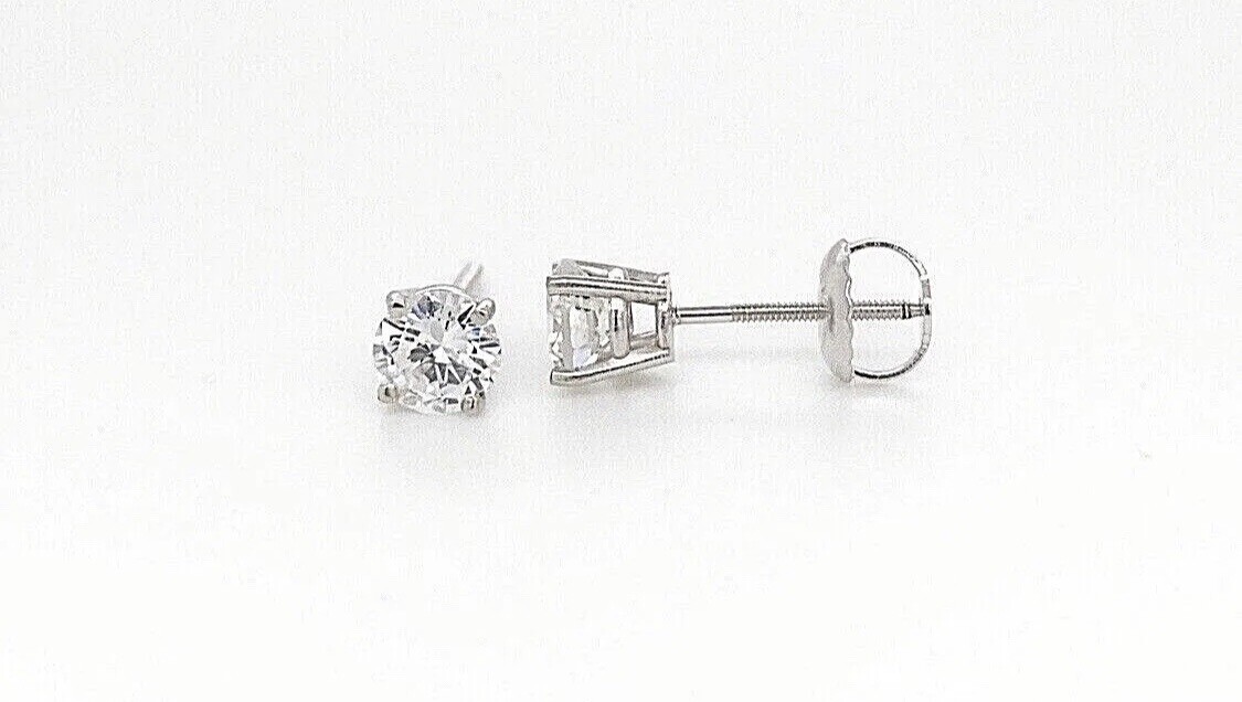 1 CTTW Real (Natural) Round Moissanite Solitaire Stud Earrings in 14K White Gold