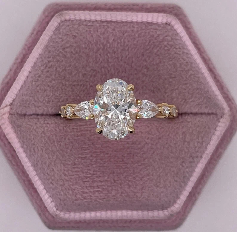 14k Yellow Gold Oval Cut Diamond Ring Lab Grown IGI Certified 2.4 Ct VVS E F