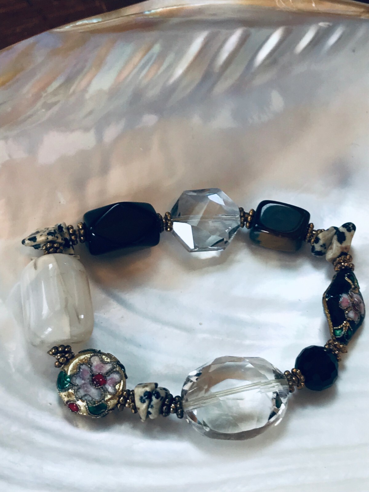 Estate Black & Clear Faceted Smooth White Barrel Tigereye & Asian Cloisonne Bead