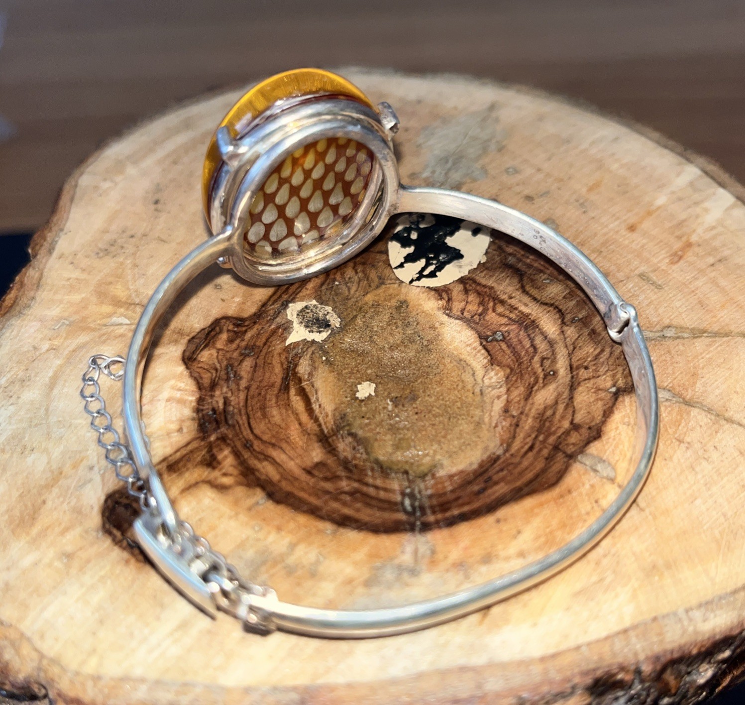 Sterling Silver 925 & Baltic Amber Reverse Carved Bangle – Stamped – Beautiful