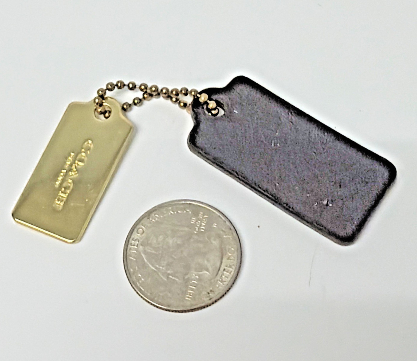 Coach Gold Metal Logo And Black Leather Logo Tag, Luggage Tag, Handbag adornment