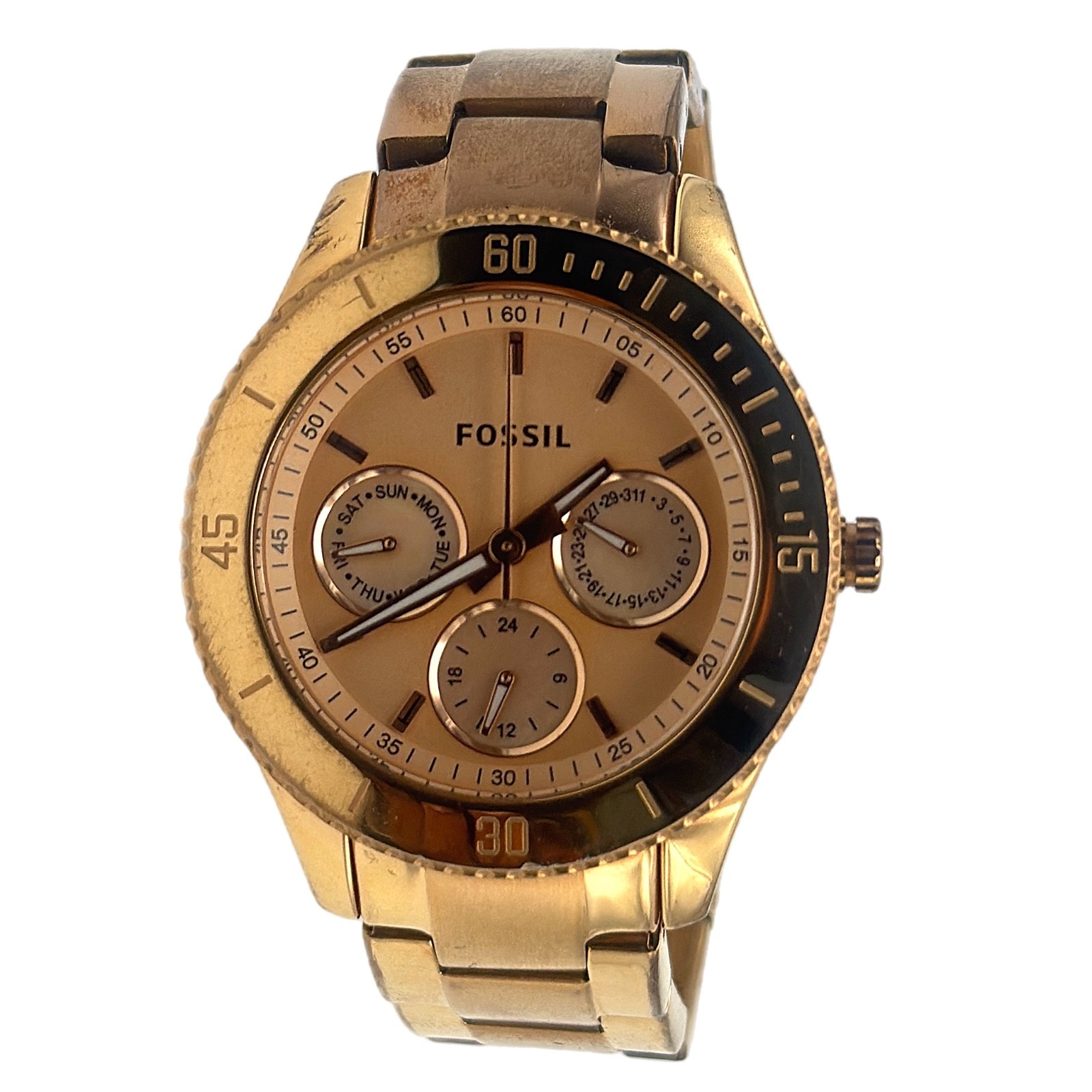 Fossil ES2859 Gold Tone Quartz Multifunction Watch Black Bezel Day Date 38mm5ATM
