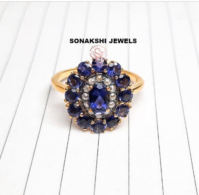 Handmade Sterling Silver Iolite Ring: Pave Diamond Halo Ring
