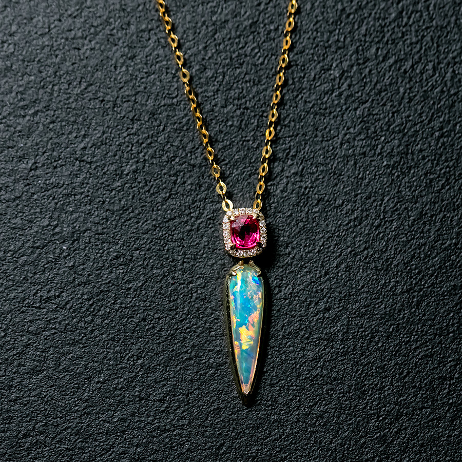 Pink Spinel & Australian Solid Opal Diamond Necklace in 14K Gold