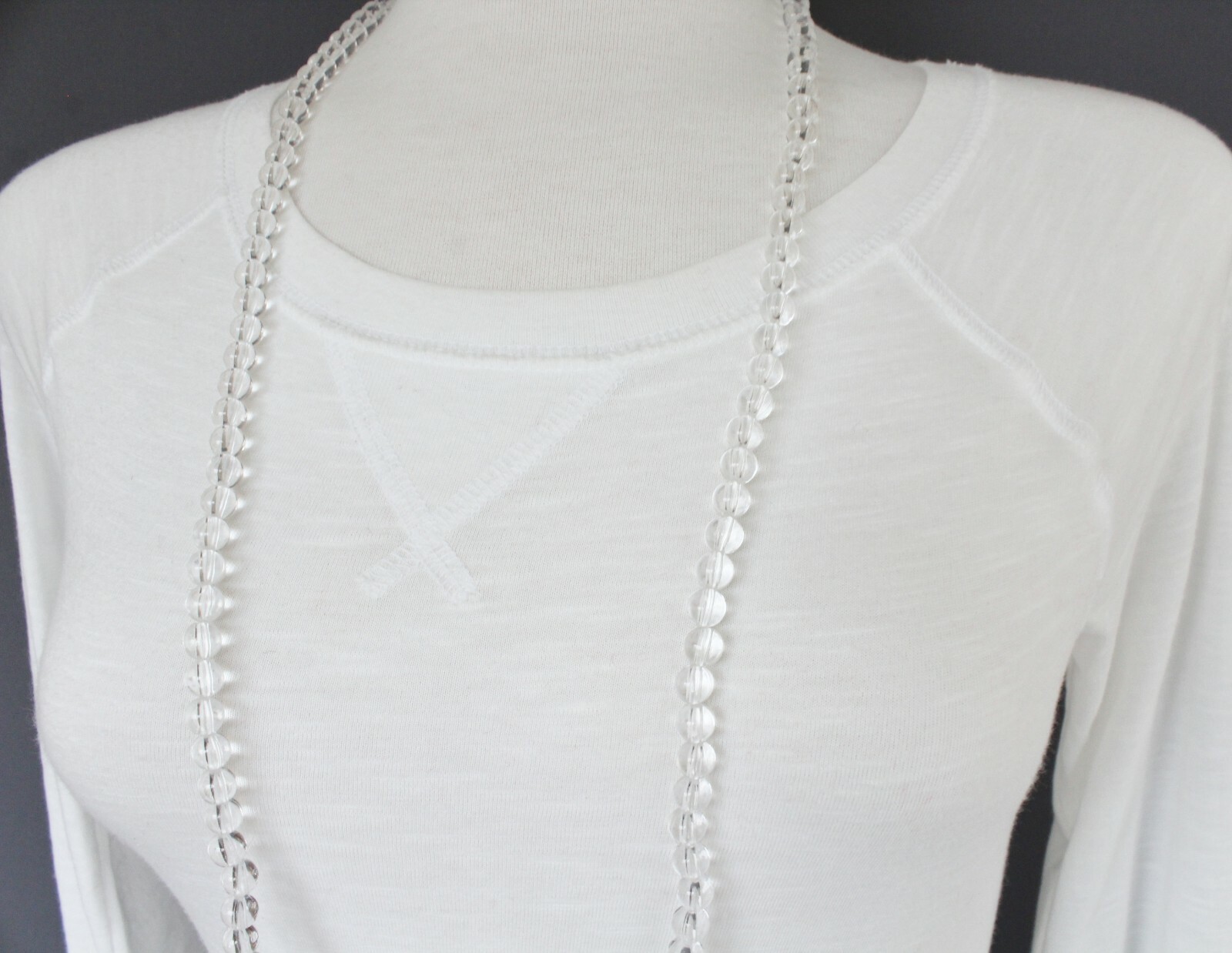 Clear bead long necklace extra long 44″ necklace beaded wrap double look wrapped