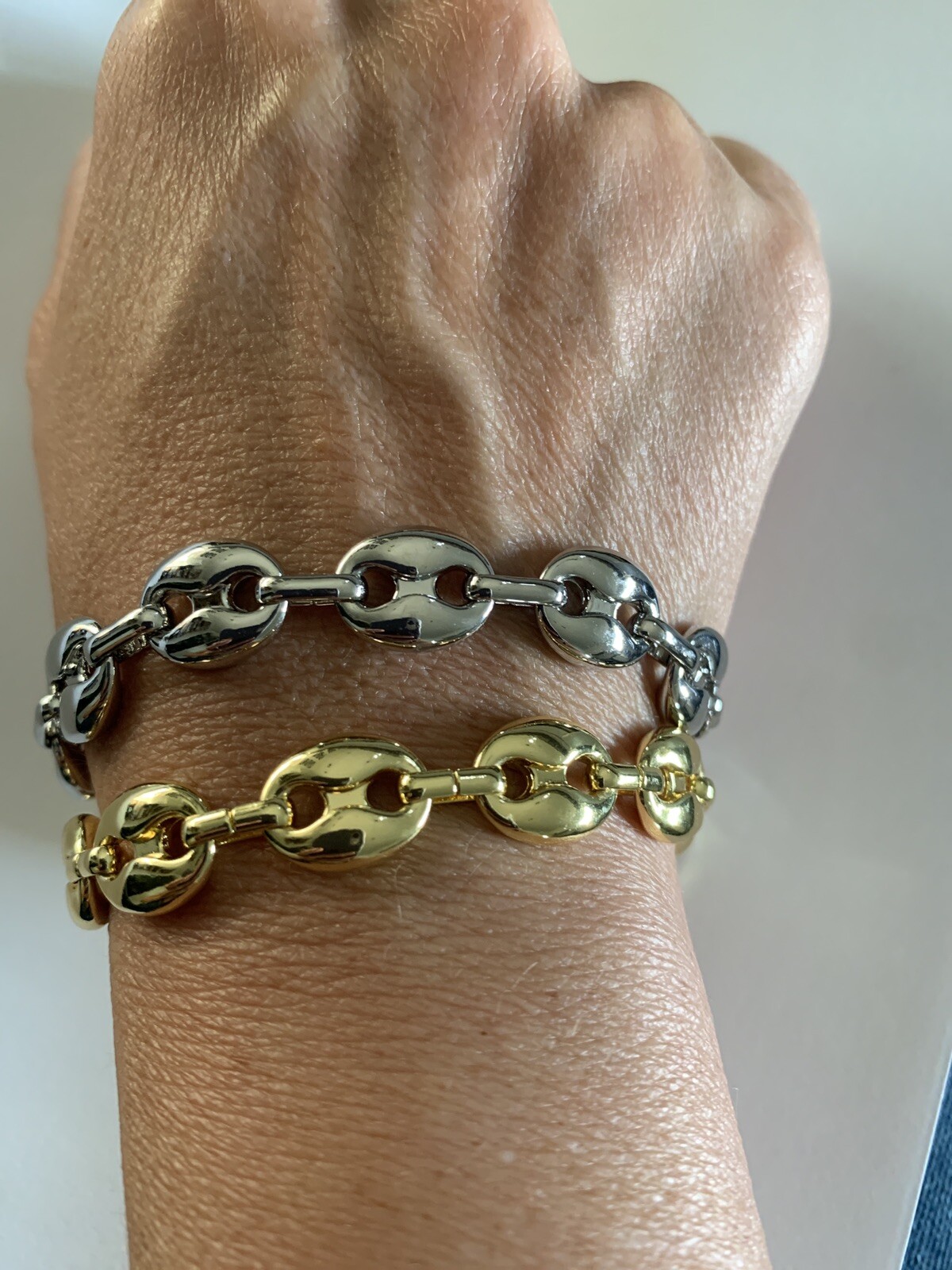 14k White gold Plated Puffy Puffed Anchor Mariner Link Chain Bracelet 1cm thick