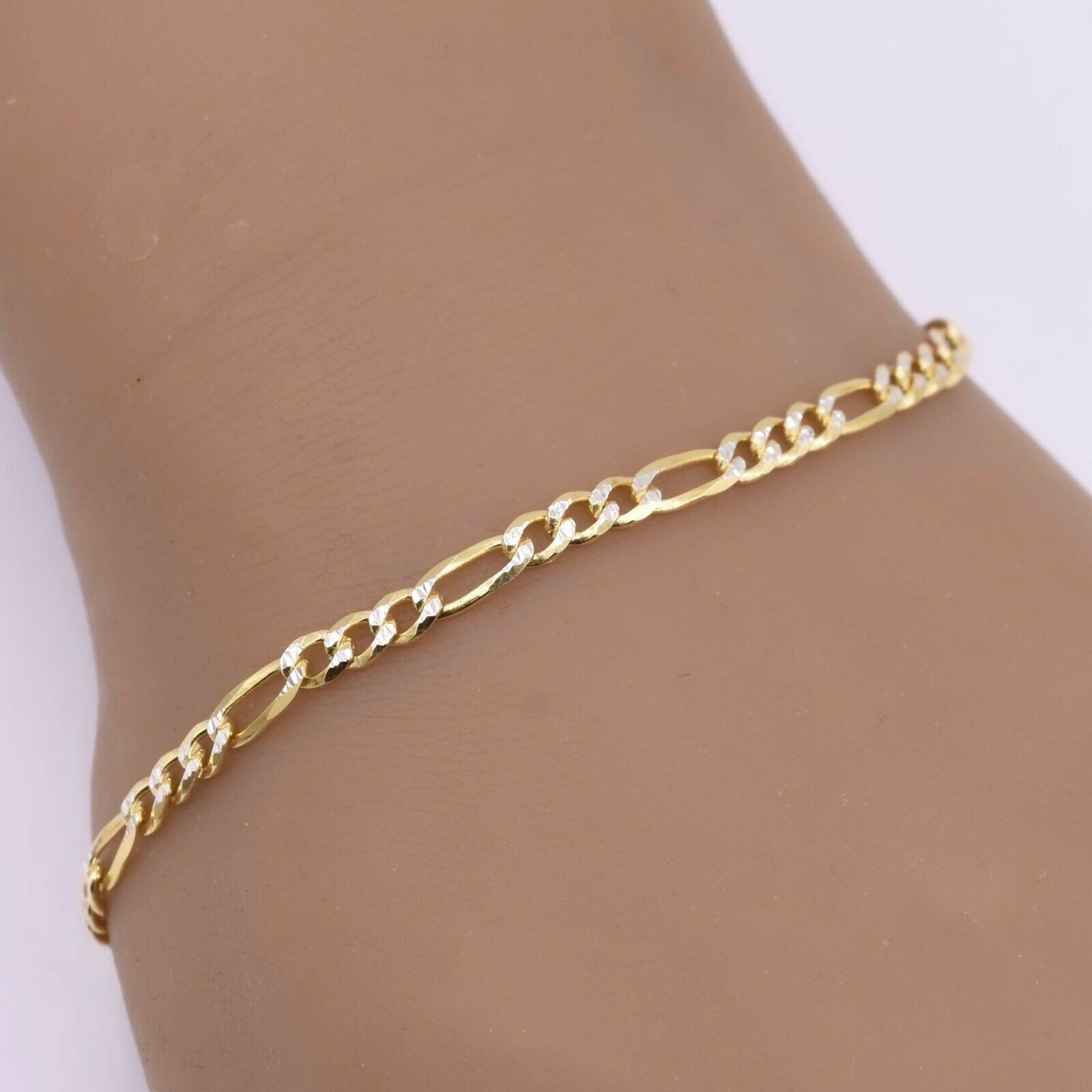 3.5mm Two-Tone Figaro Pave Link Chain Anklet 14K Yellow Gold-Plated Silver 925
