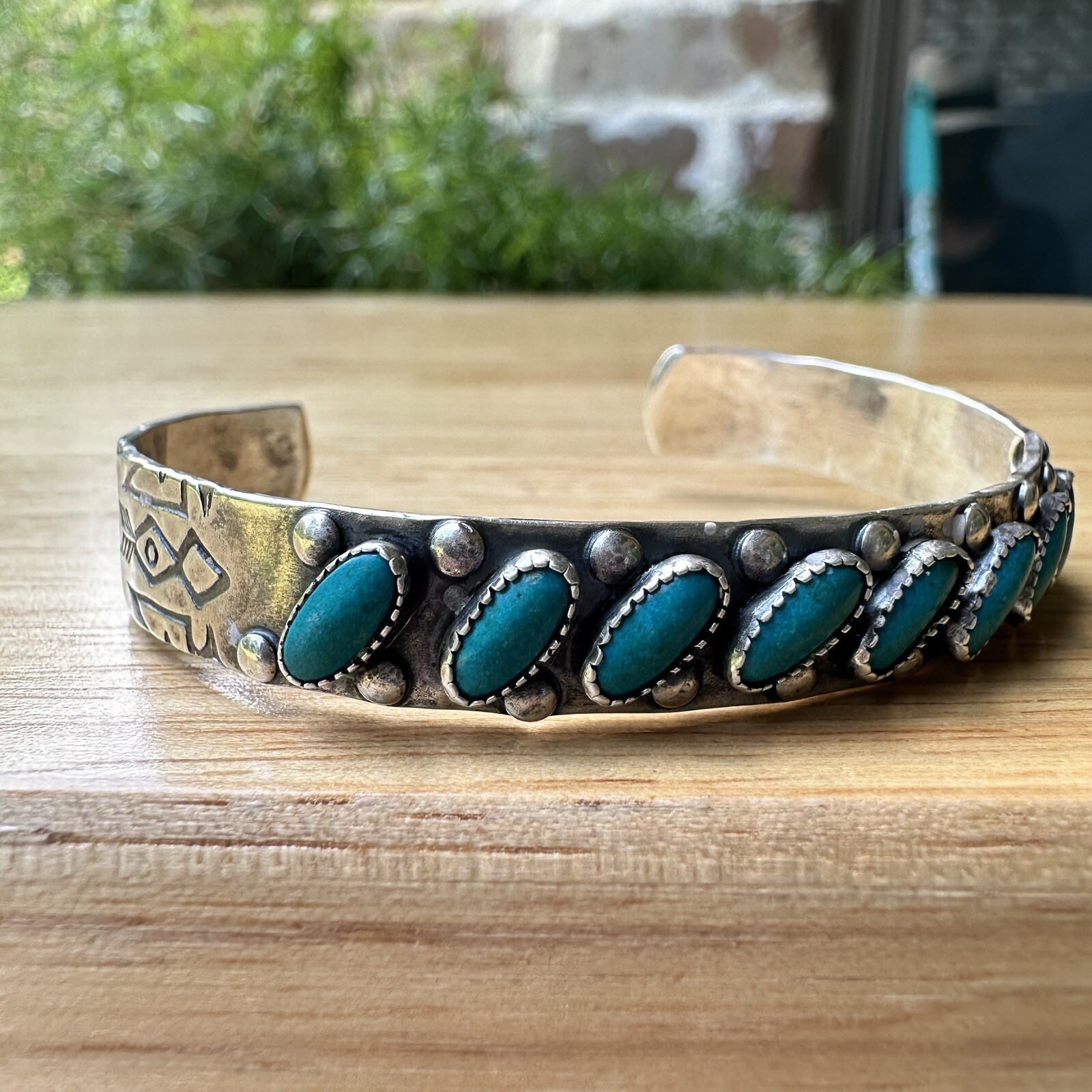 VTG Navajo Open Cuff Bracelet Size 5.75 Blue Turquoise 7 Cabs 925 Sterling 13.9g