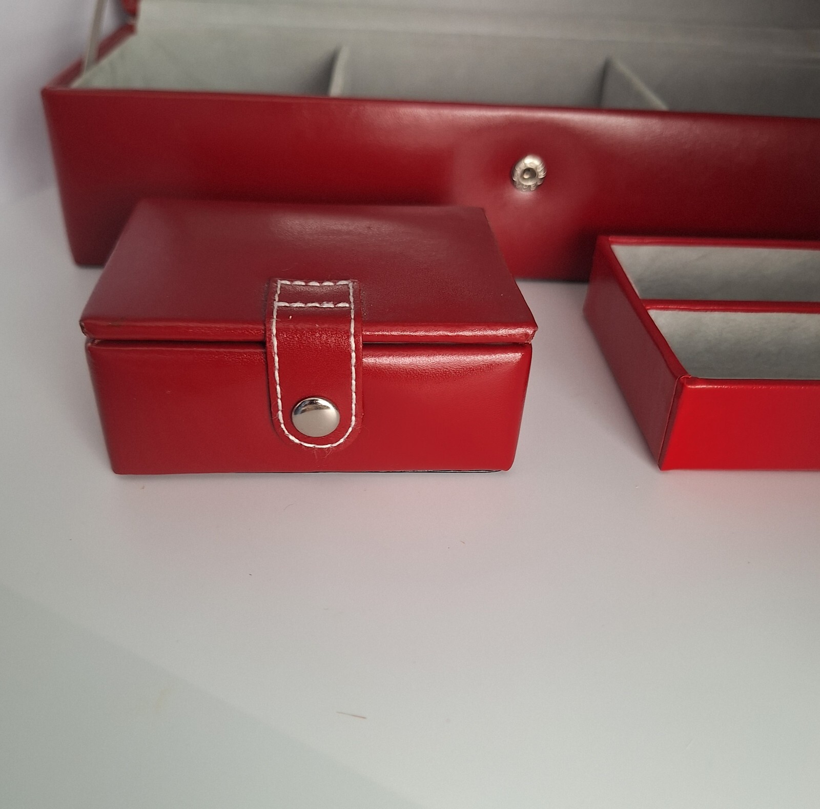 Red Faux Leather Jewelry Box 11″ 3 Piece Fabric Lined Travel Multi Compartment