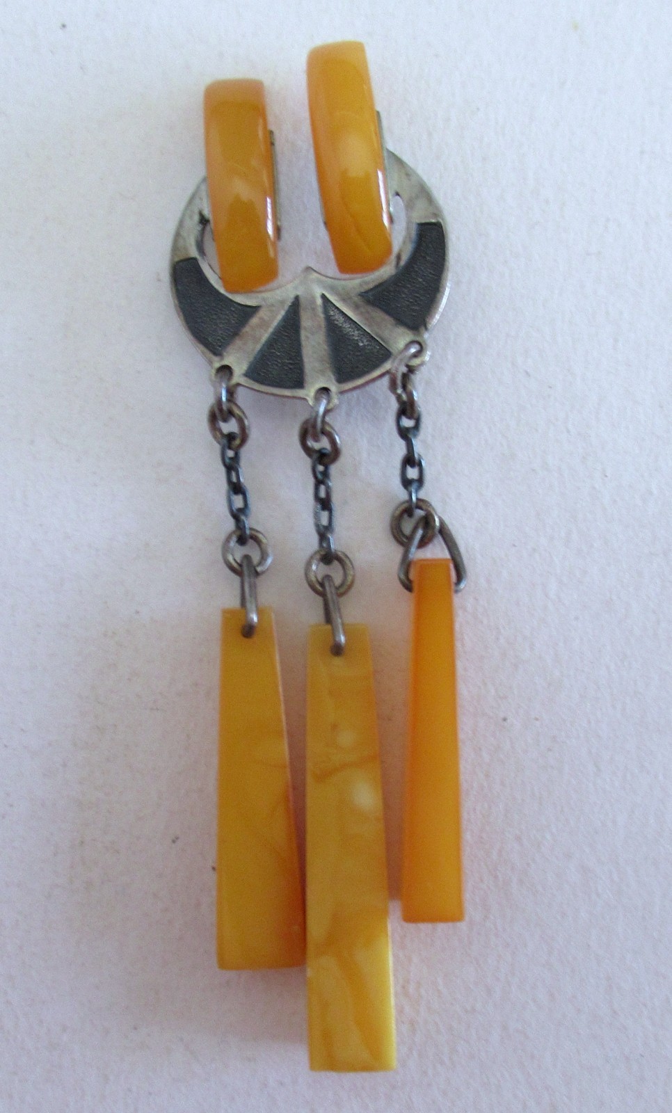 RUSSIA STERLING 875 BROOCH w EGG YOLK AMBER 2 7/8 INCHES