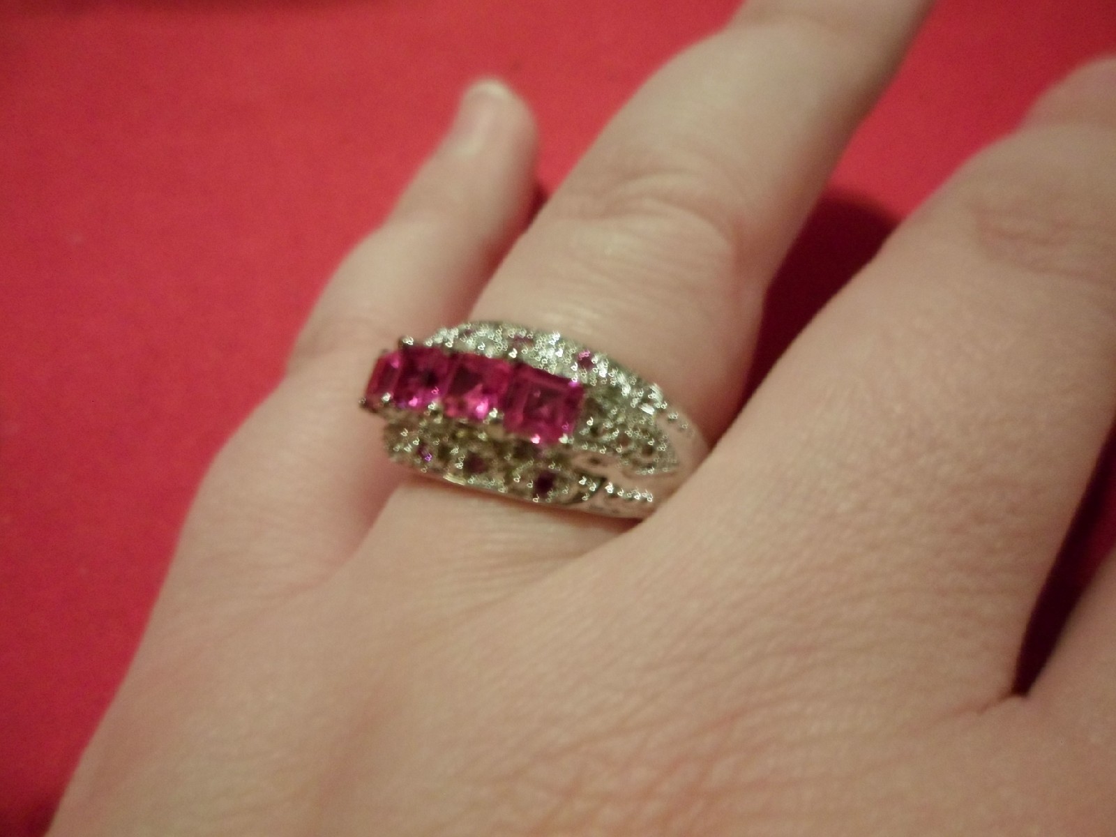 Lab Created Square Cut Ruby Ring in Platinum Overlay-Size 7-1.90 Carats