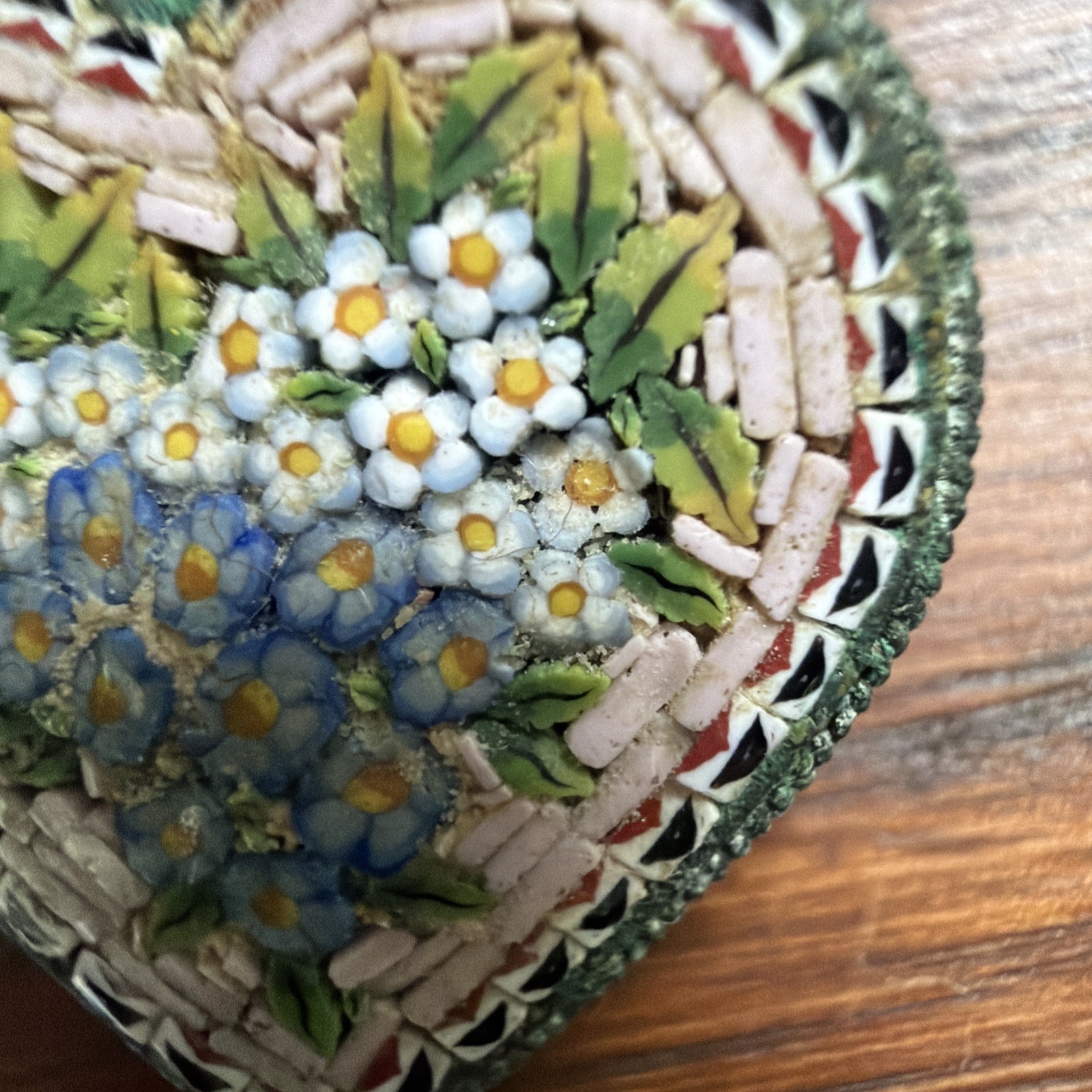 Antique Victorian Heart Micromosaic Brooch Pin C-Clasp Forget-Me-Not Italy 0.85”