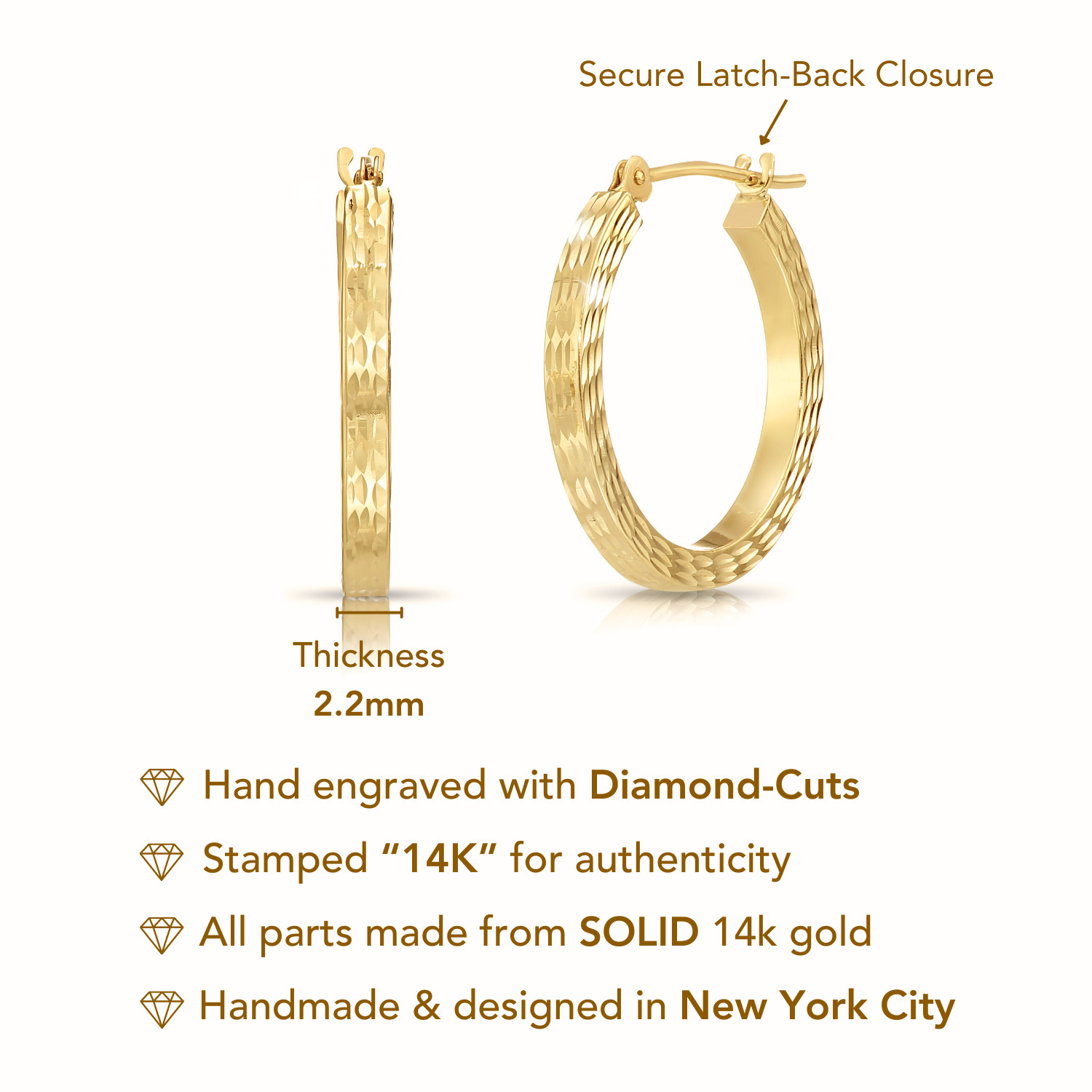 14K Real Solid Gold Full Diamond-Cut Square Tube Chunky Hoop Earrings 20MM-30MM