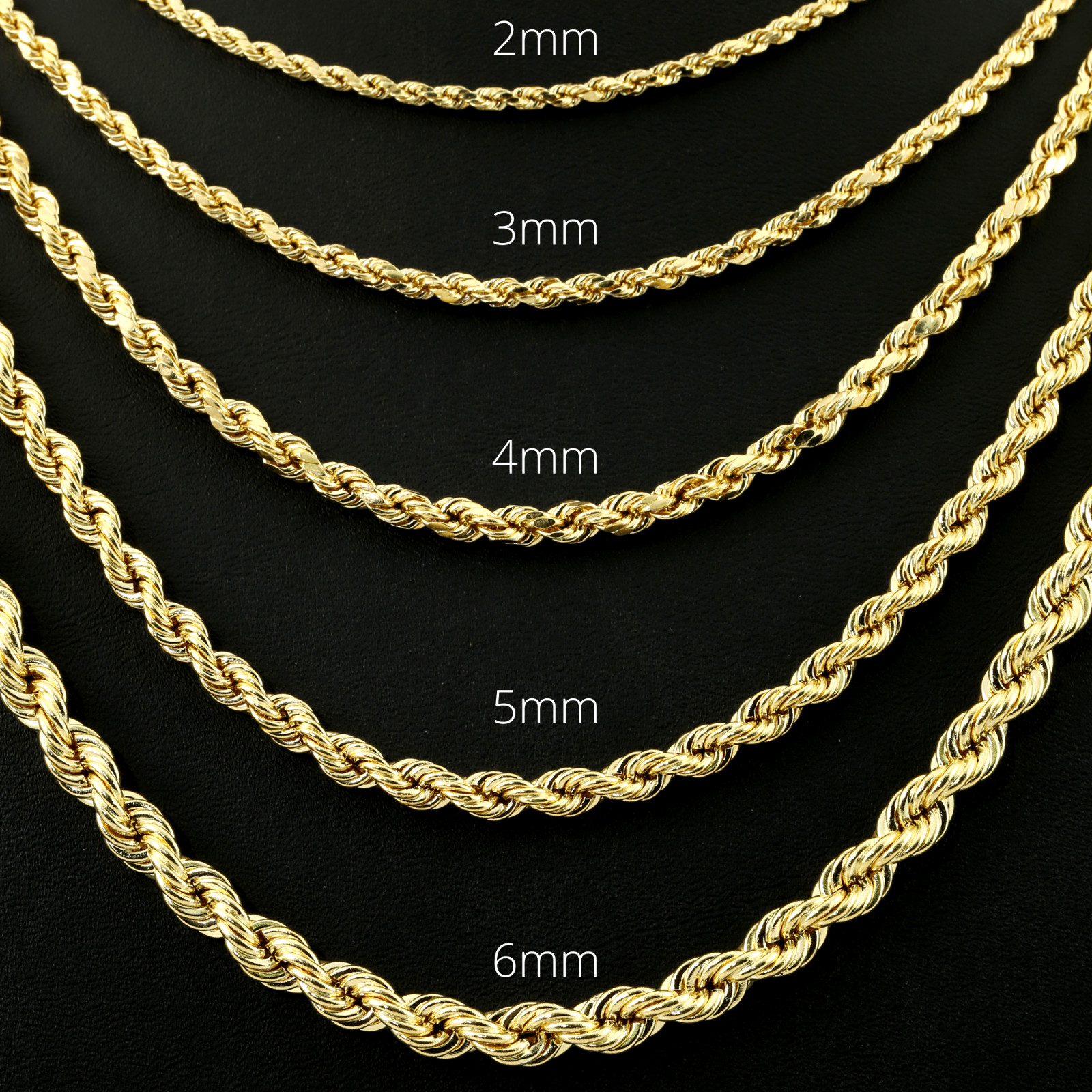 14K Solid Yellow Gold 2mm-6mm Rope Chain Italian Pendant Necklace 16″-26″ hollow