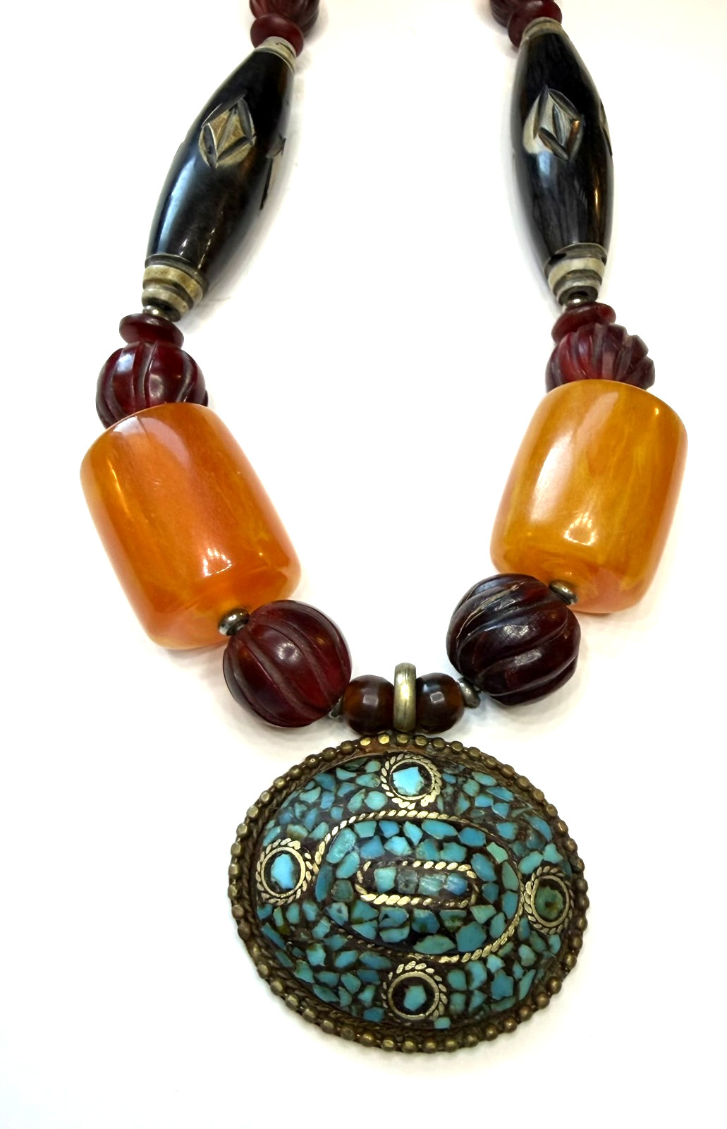 Vintage Tibetan Style Mosaic Pendant Necklace Butterscotch Resin Bone Beads 26″