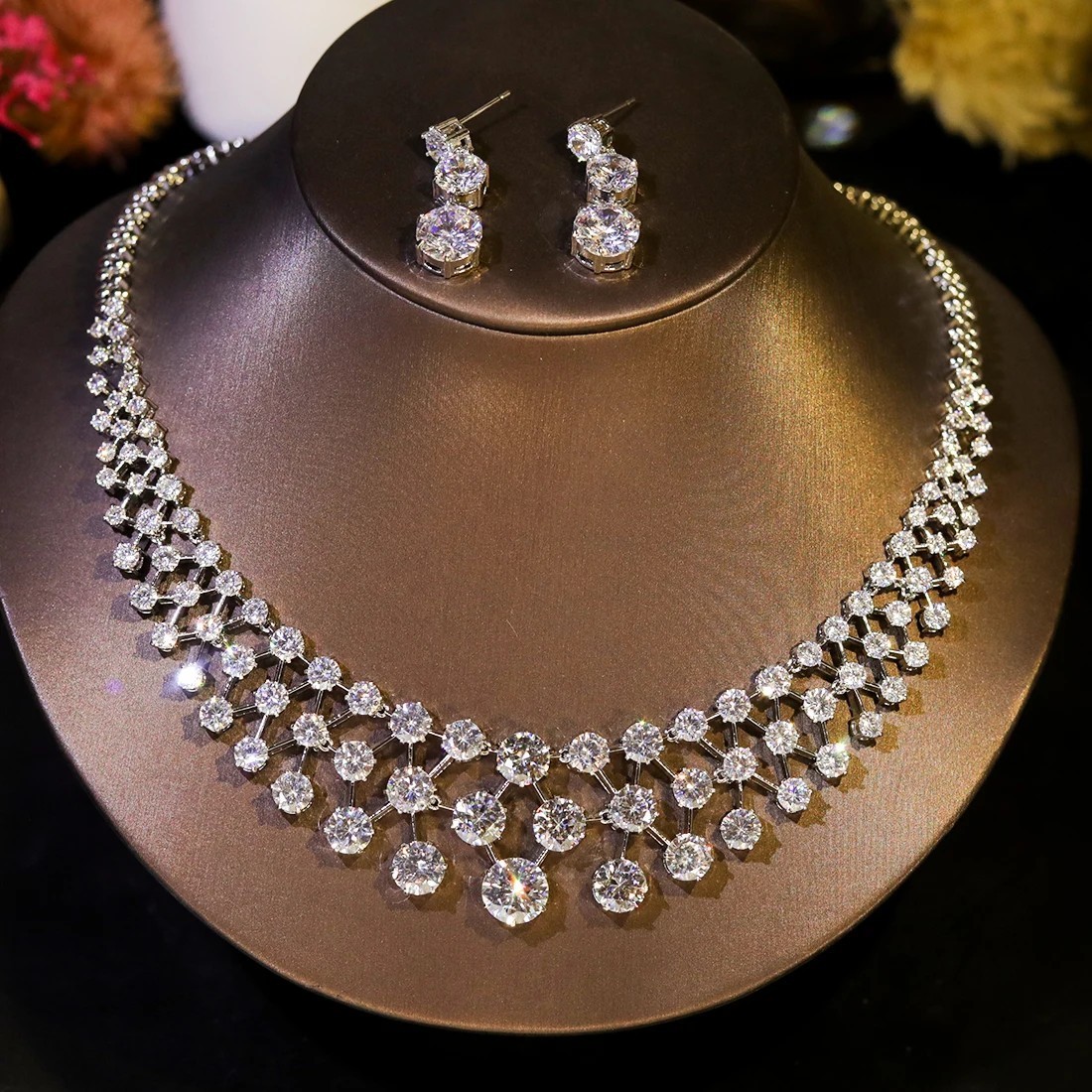 Gorgeous Zircon Drop Necklace Earrings Sets Evening Wedding Dinner Party Bridal
