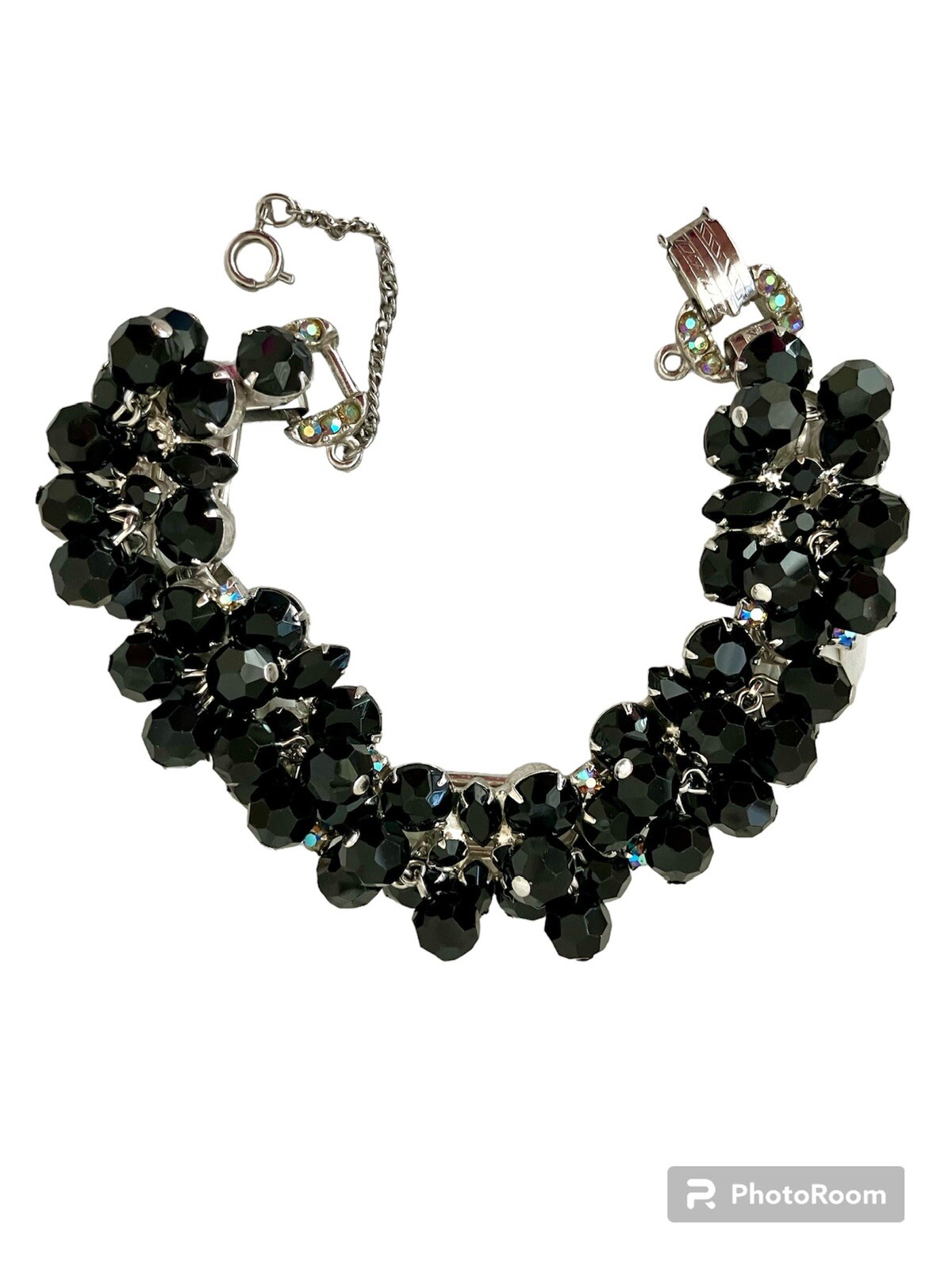 RARE! JULIANA Jet Black Cha Cha Dangle Bead Bracelet AB Rhinestone Clasp! Mint!