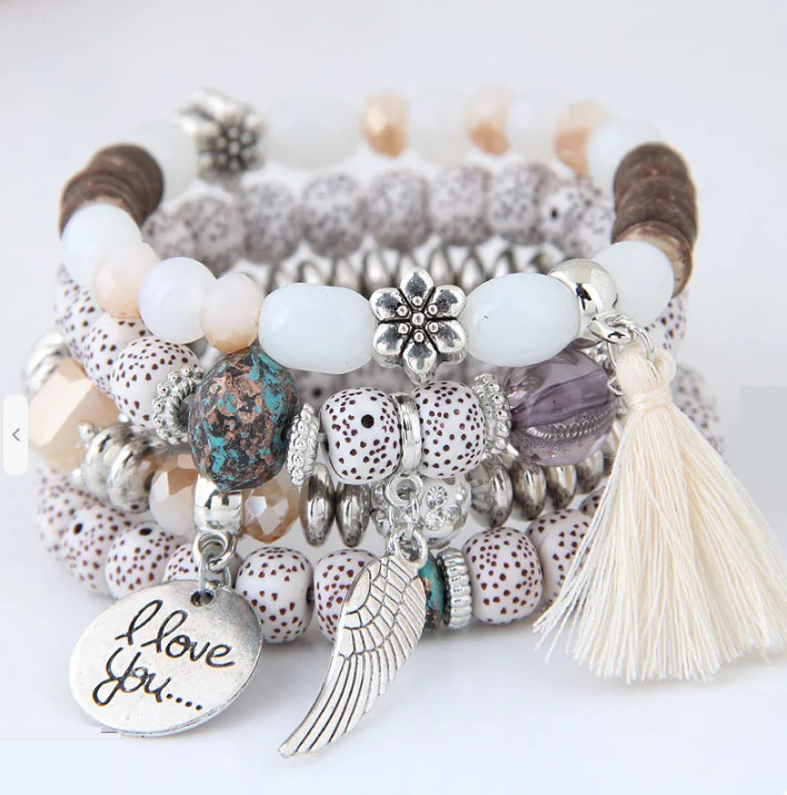 Colorful Beaded Dangle Charm Tassel Cuff Bracelet