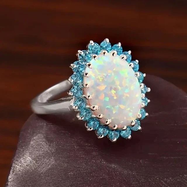 Elegant 925 Sterling Silver Fire Rainbow Opal Blue Topaz Engagement Ring