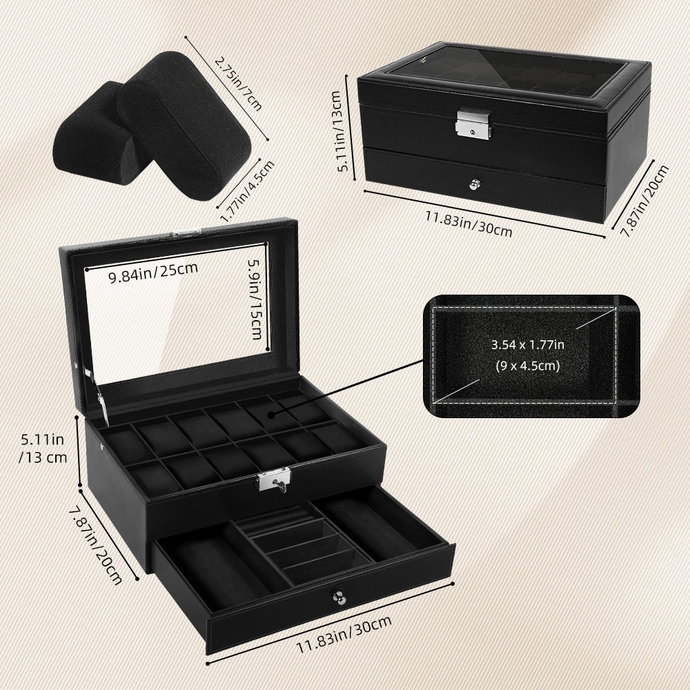 12 Slots Watch Box PU Leather Watch Case Lockable Jewelry Storage Display Case