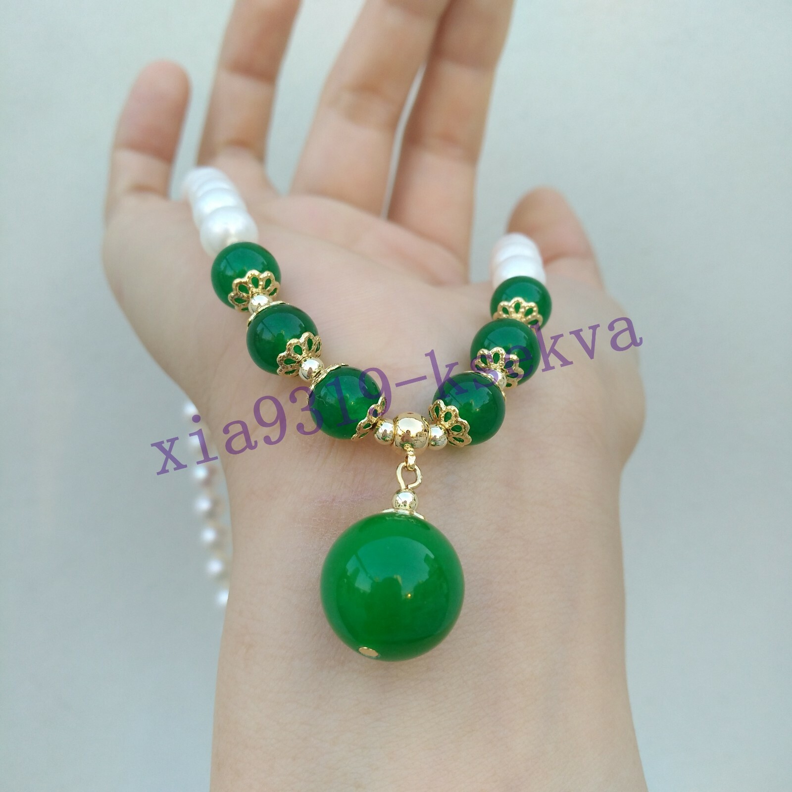 18in Pretty Akoya Round White Pearl + green jade Necklace Pendant 14k Gold P
